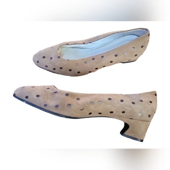 Vintage 80's Franco Visconti Vera Pelle Brown Suede Polka Dot Pumps Size 37 1/2 - Picture 6 of 10